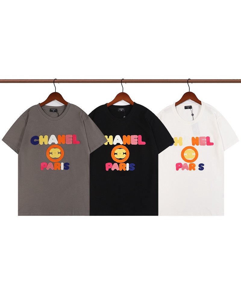 シャネル 服tシャツ半袖お洒落小香風ブランドティシャツ丸首トップスカジュアルファッション上着個性立体植毛ロゴ