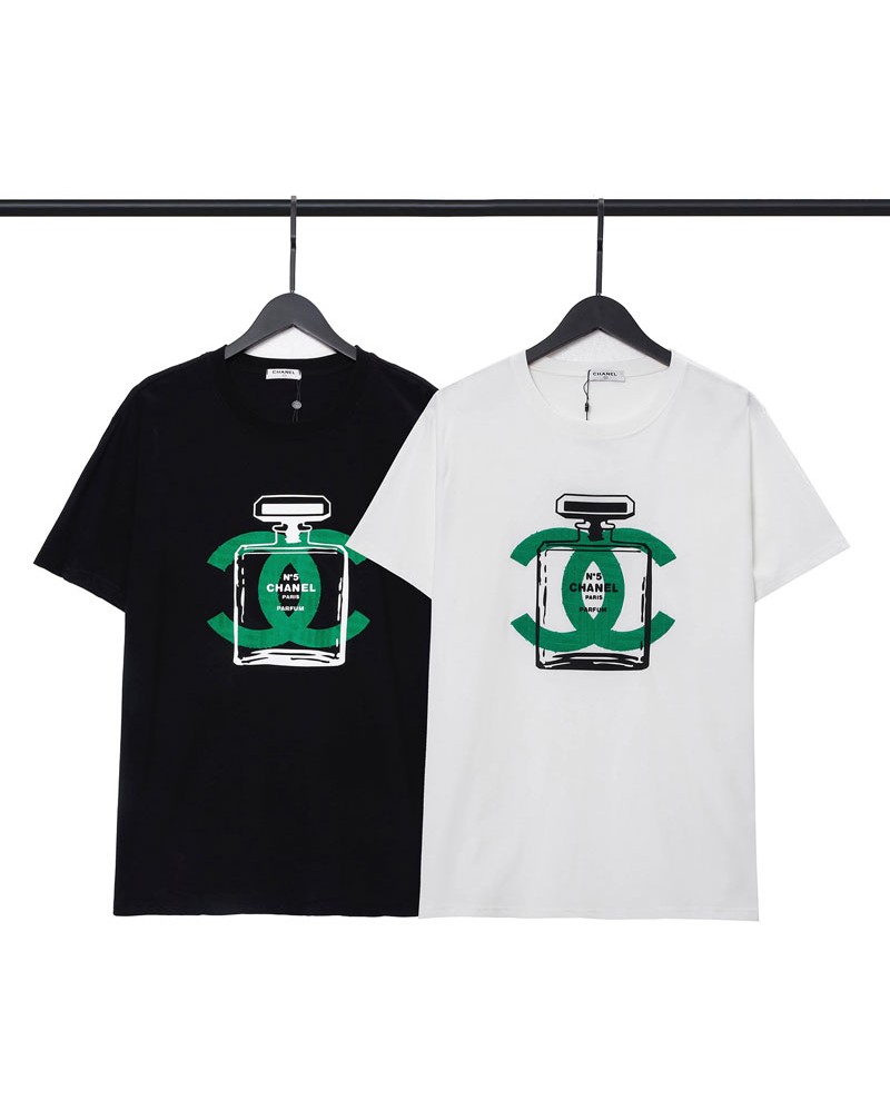 小香風tシャツ半袖コットン製ソフト通気性よいシャネルティシャツ個性可愛い香水瓶プリント付きトップスメンズレディース向けファッション上着