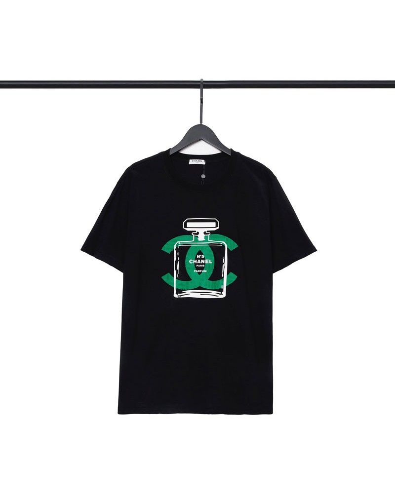 小香風tシャツ半袖コットン製ソフト通気性よいシャネルティシャツ個性可愛い香水瓶プリント付きトップスメンズレディース向けファッション上着
