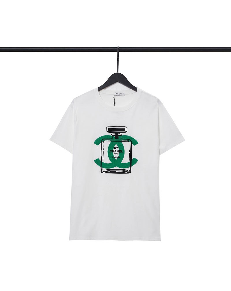 小香風tシャツ半袖コットン製ソフト通気性よいシャネルティシャツ個性可愛い香水瓶プリント付きトップスメンズレディース向けファッション上着