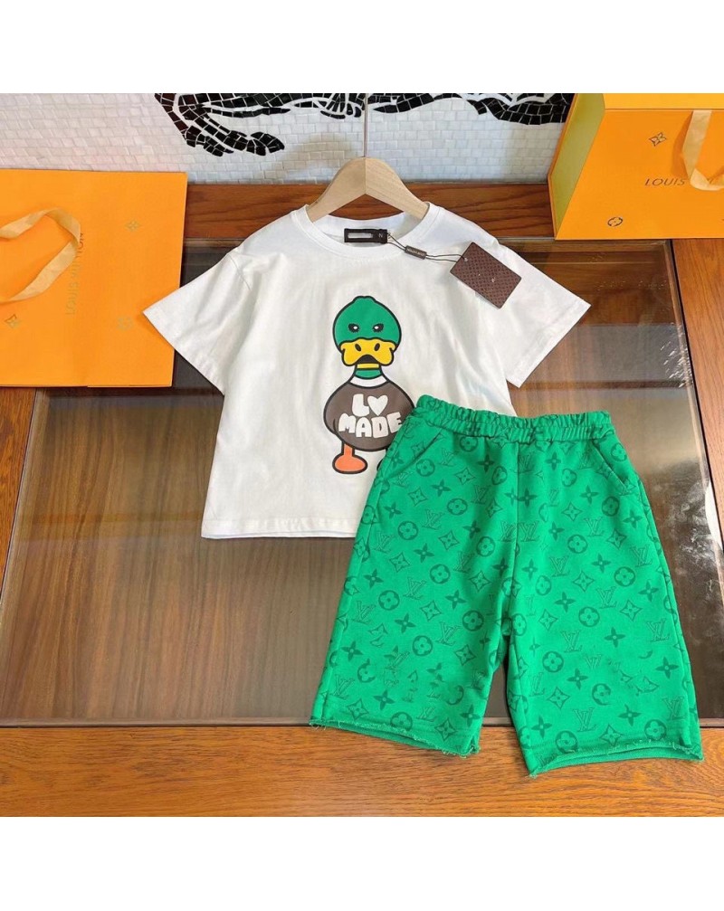 ヴィトン子供用tシャツハーフパンツセットお洒落可愛いダックキッズtシャツアップセットコットン製ソフト