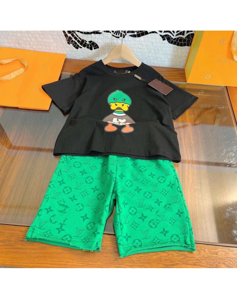 ヴィトン子供用tシャツハーフパンツセットお洒落可愛いダックキッズtシャツアップセットコットン製ソフト
