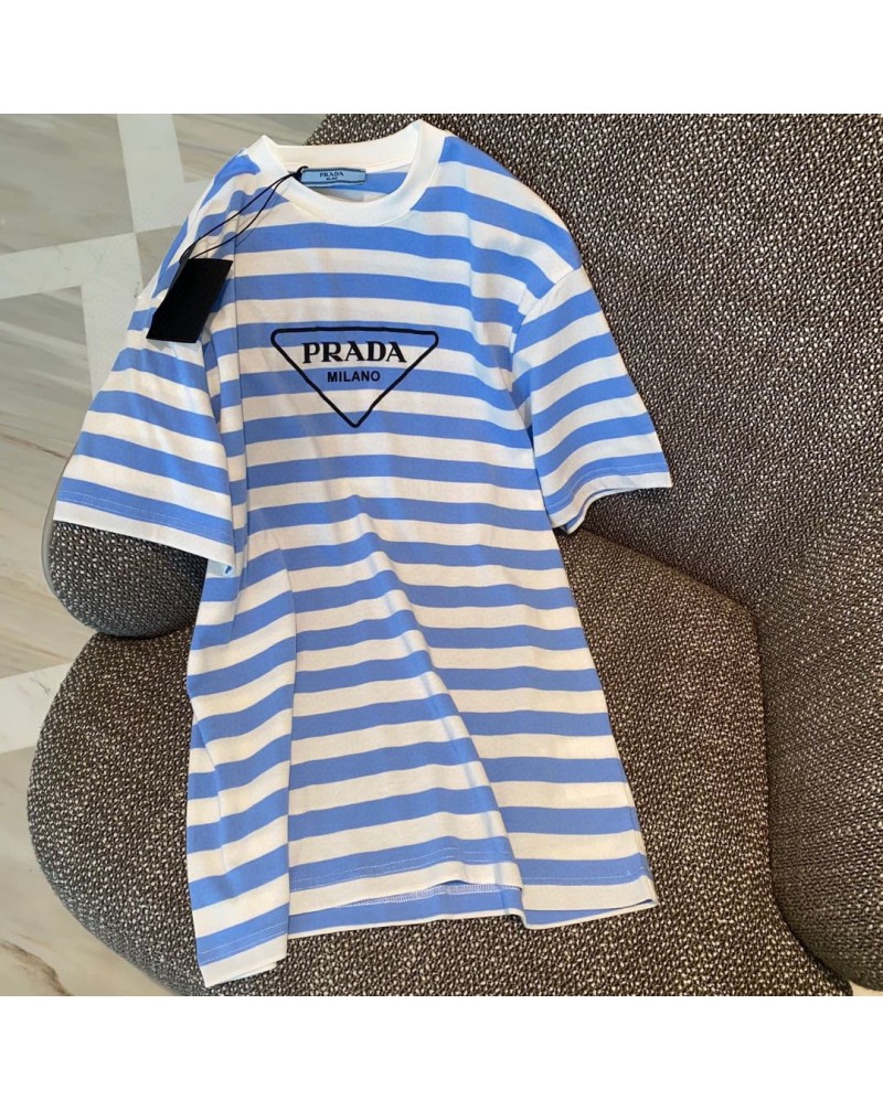 プラダ tシャツ半袖お洒落ストライプ可愛いファッションティシャツトップス女性向け人気