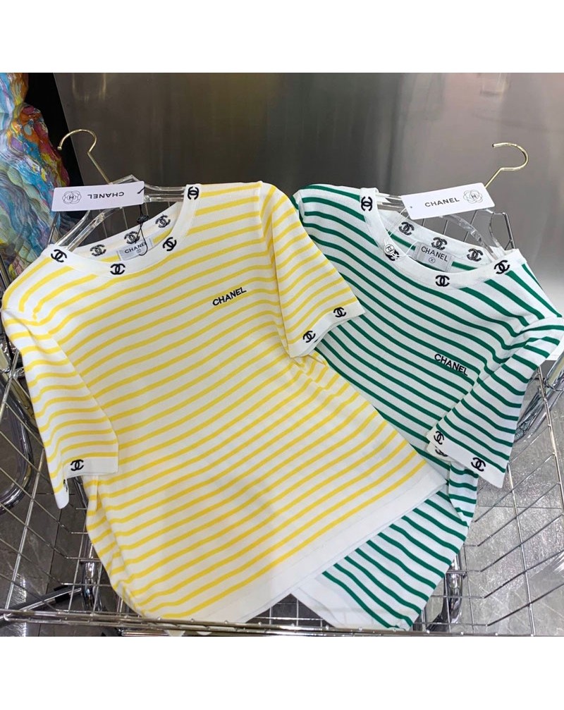 シャネル tシャツお洒落ストライプ刺繍綺麗半袖ティシャツトップス女性向け人気ファッション上着