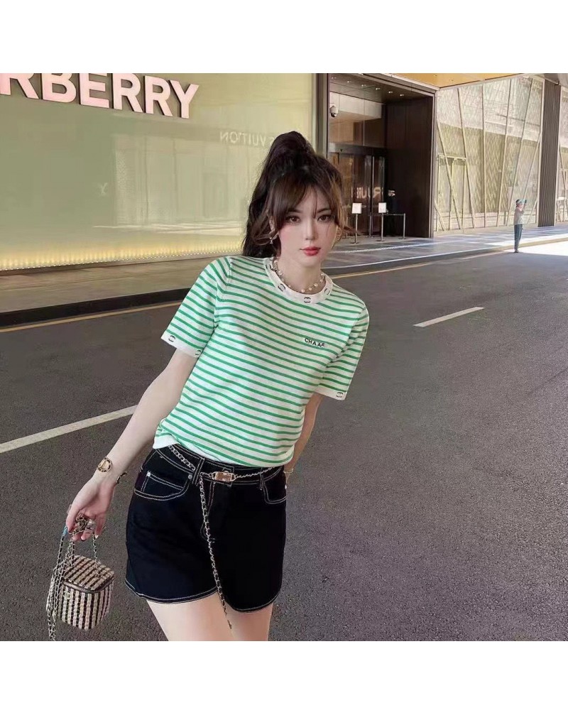 シャネル tシャツお洒落ストライプ刺繍綺麗半袖ティシャツトップス女性向け人気ファッション上着