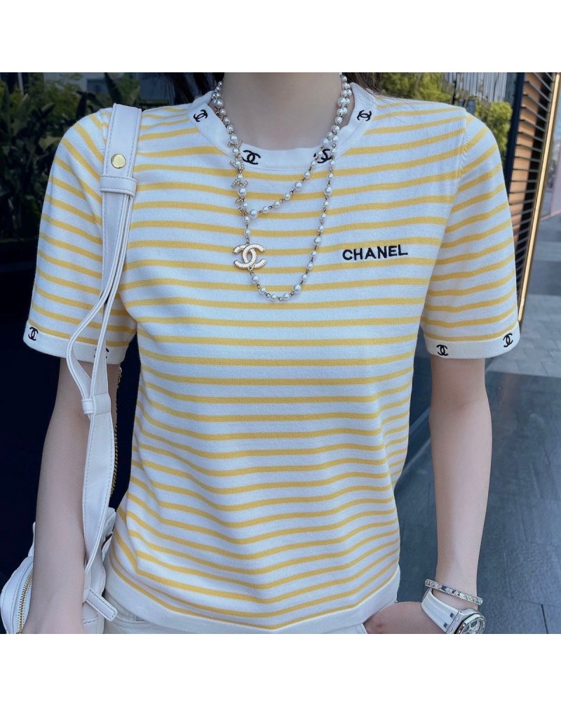 シャネル tシャツお洒落ストライプ刺繍綺麗半袖ティシャツトップス女性向け人気ファッション上着