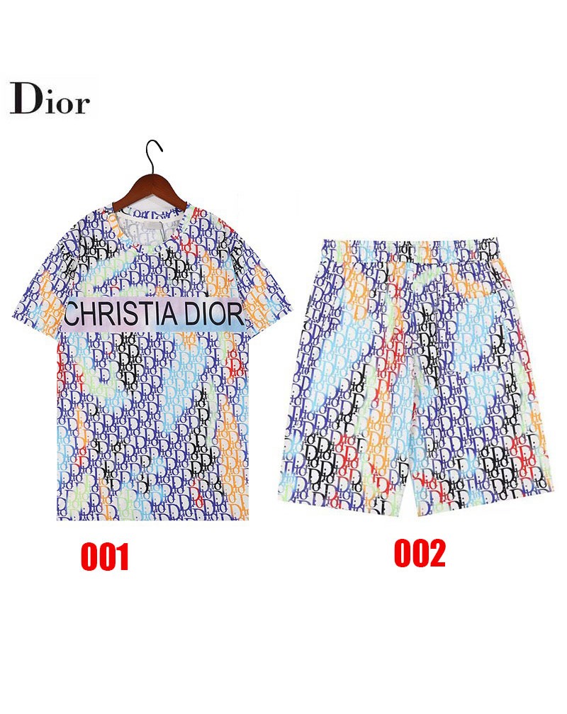 ディオール半袖ハーフズボンお洒落個性ロゴプリント混色カジュアルファッションtシャツ