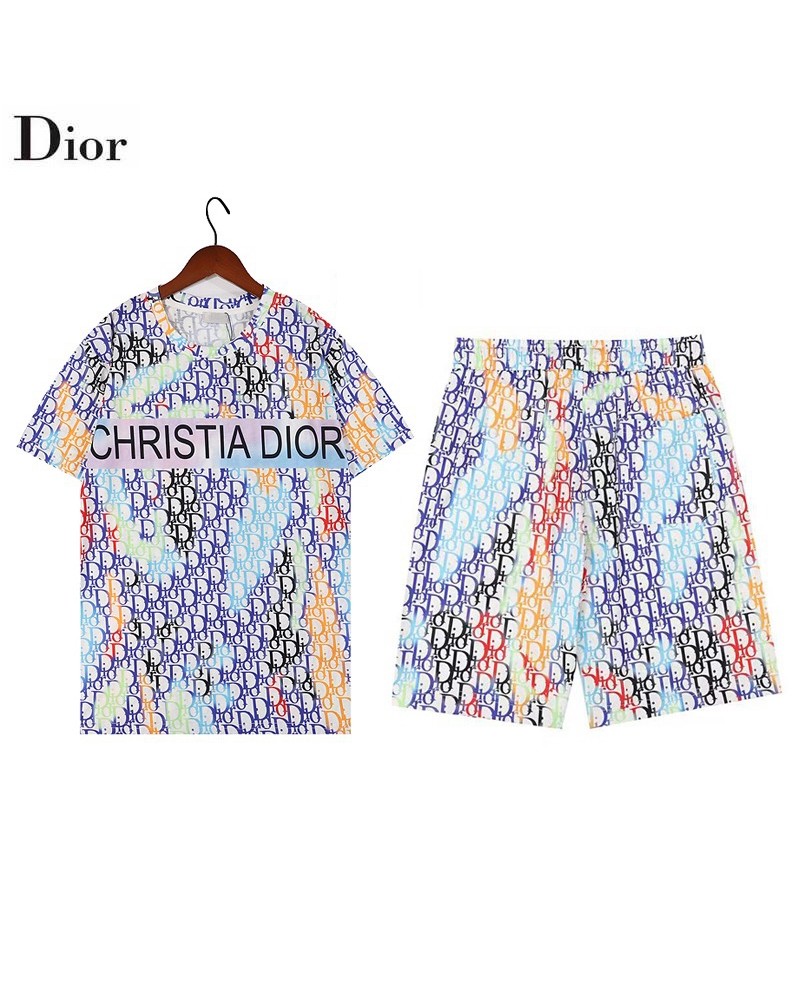 ディオール半袖ハーフズボンお洒落個性ロゴプリント混色カジュアルファッションtシャツ