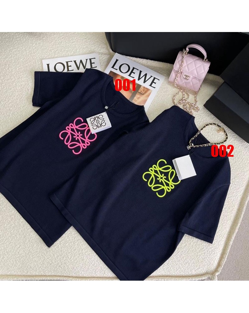 ロエベ ニットトップスお洒落刺繍ファッション人気ソフト柔らかい半袖上着カジュアル