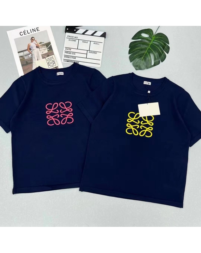 ロエベ ニットトップスお洒落刺繍ファッション人気ソフト柔らかい半袖上着カジュアル