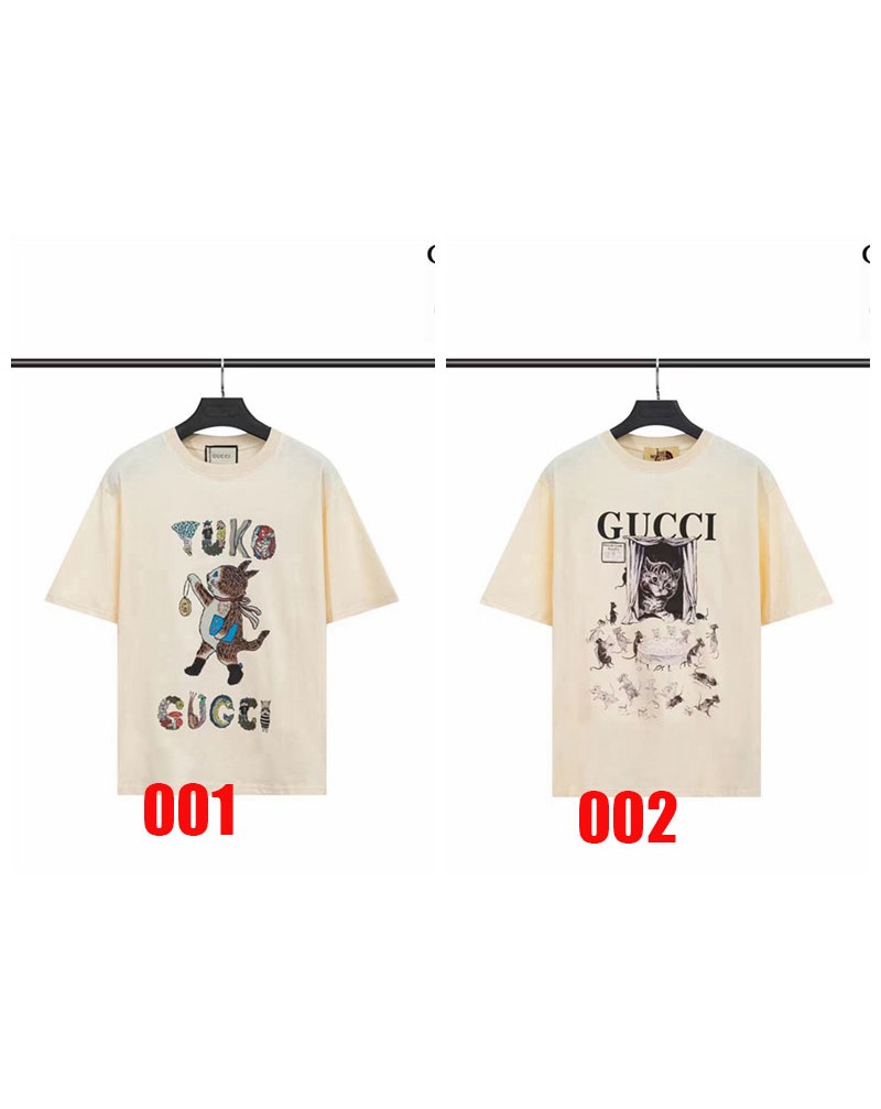 グッチtシャツ半袖個性猫プリント付き可愛いティシャツトップス男女向け人気コットン製ファッション上着