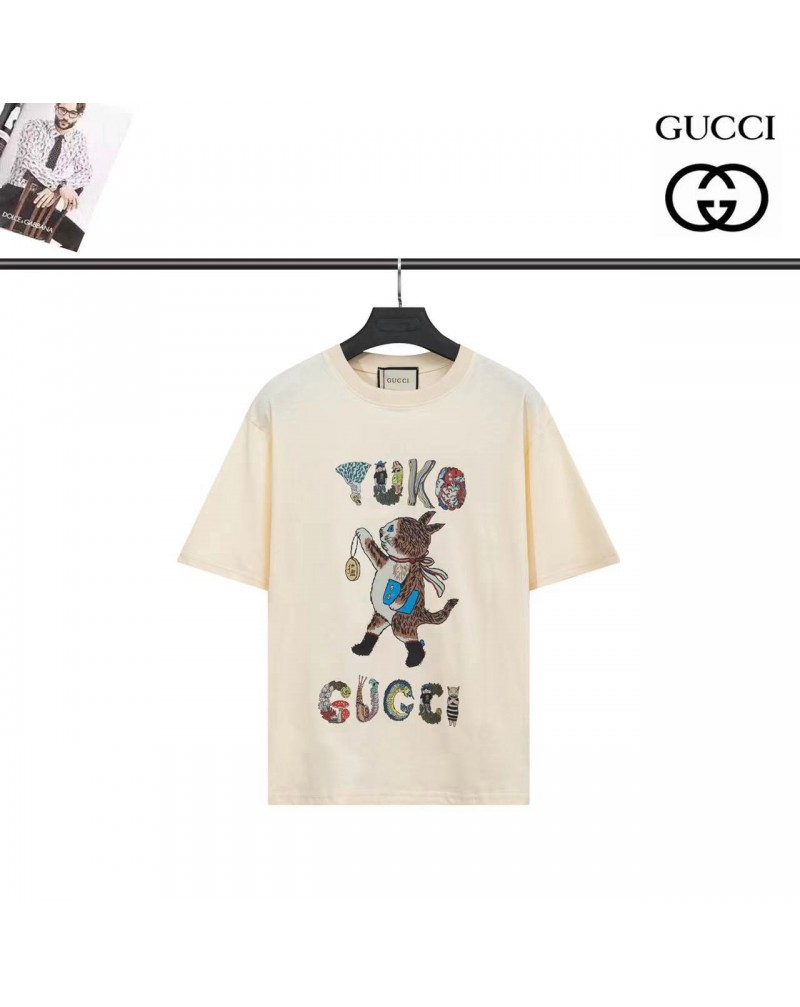 グッチtシャツ半袖個性猫プリント付き可愛いティシャツトップス男女向け人気コットン製ファッション上着