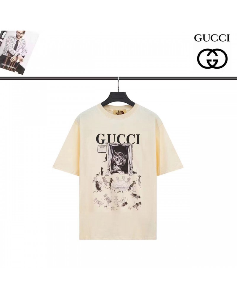 グッチtシャツ半袖個性猫プリント付き可愛いティシャツトップス男女向け人気コットン製ファッション上着