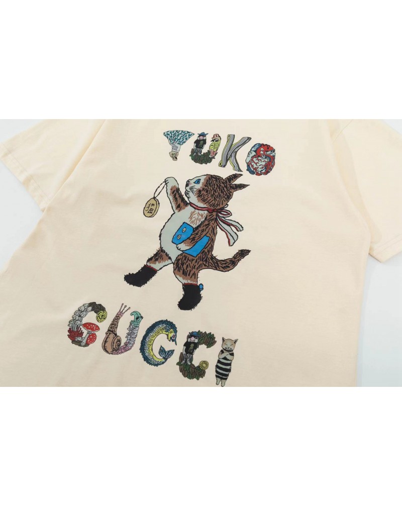 グッチtシャツ半袖個性猫プリント付き可愛いティシャツトップス男女向け人気コットン製ファッション上着