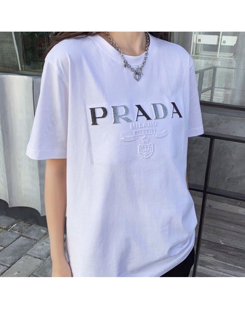 プラダ Ｔシャツ半袖お洒落凹凸ティシャツトップスペアお揃いコットン製大人気ファッション
