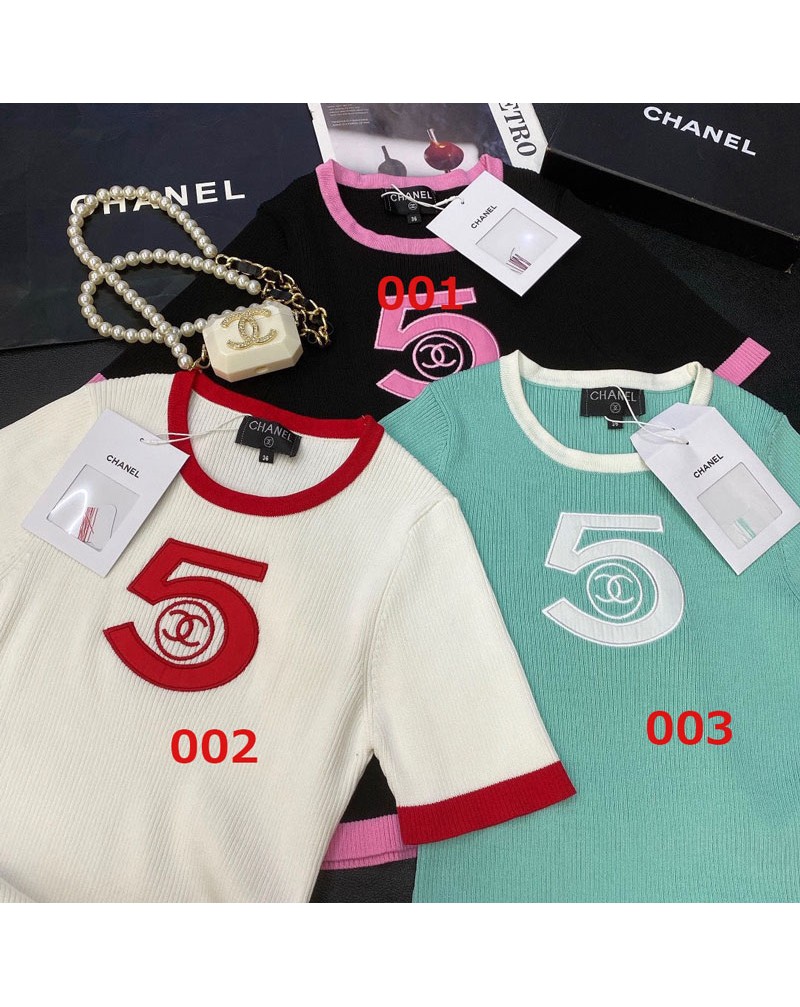 シャネル 半袖ニットtシャツ刺繍スリムフィットトップスソフトお洒落小香風女性人気