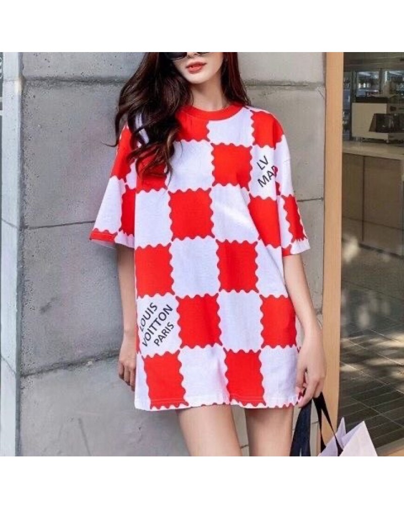 vuitton tシャツ半袖お洒落ダミエ潮流個性人気ティシャツコットン製トップスペアお揃いファッション上着