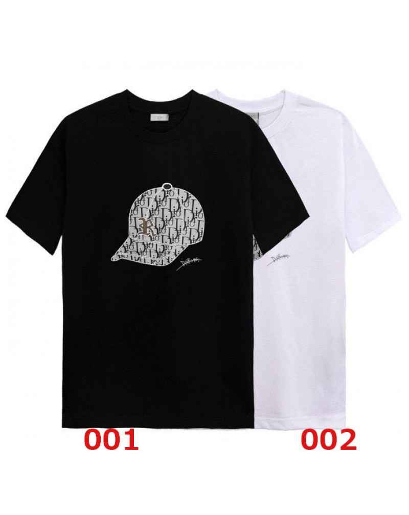 ディオール tシャツ半袖カジュアルファッションキャッププリント付きティシャツメンズレディース向けトップスコットン製