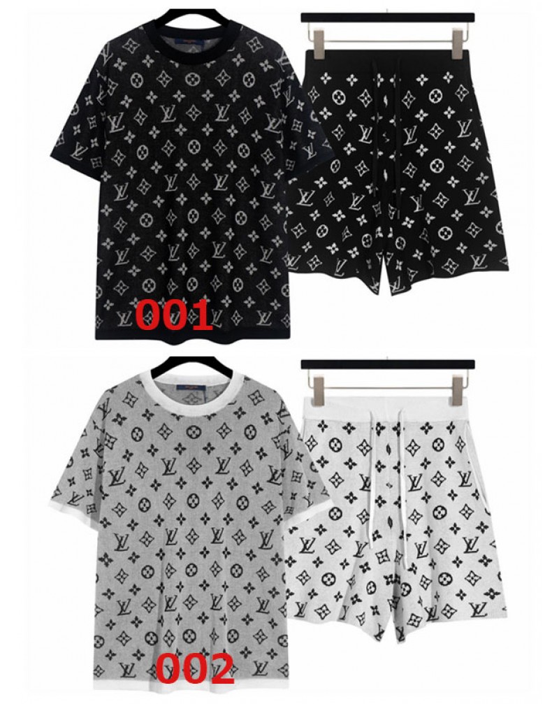 ヴィトン半袖ニットハーフパンツセットお洒落モノグラムソフト氷の糸薄軽い凉しいトップス上下セット ヴィトン半袖ニットハーフパンツセットお洒落モノグラムソフト氷の糸薄軽い凉しいトップス上下セット