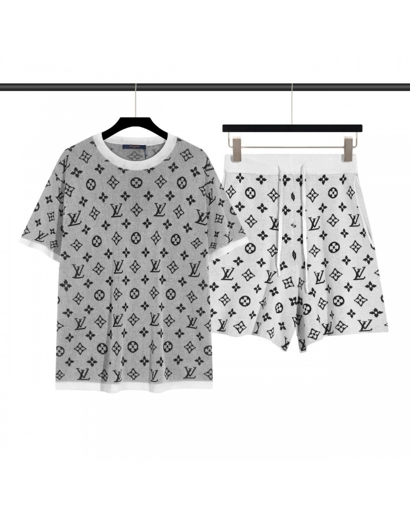 ヴィトン半袖ニットハーフパンツセットお洒落モノグラムソフト氷の糸薄軽い凉しいトップス上下セット ヴィトン半袖ニットハーフパンツセットお洒落モノグラムソフト氷の糸薄軽い凉しいトップス上下セット