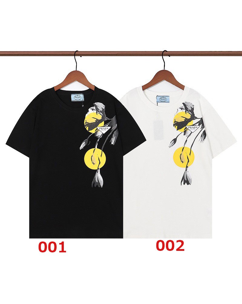 プラダ tシャツ半袖お洒落花プリント付きカジュアルブランドティシャツトップスペアお揃いコットン製人気新作
