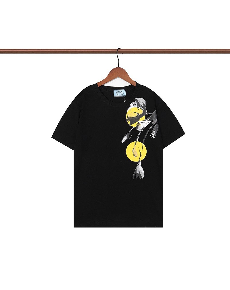 プラダ tシャツ半袖お洒落花プリント付きカジュアルブランドティシャツトップスペアお揃いコットン製人気新作