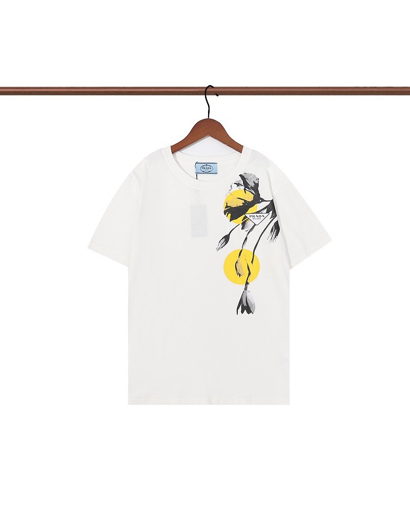 プラダ tシャツ半袖お洒落花プリント付きカジュアルブランドティシャツトップスペアお揃いコットン製人気新作