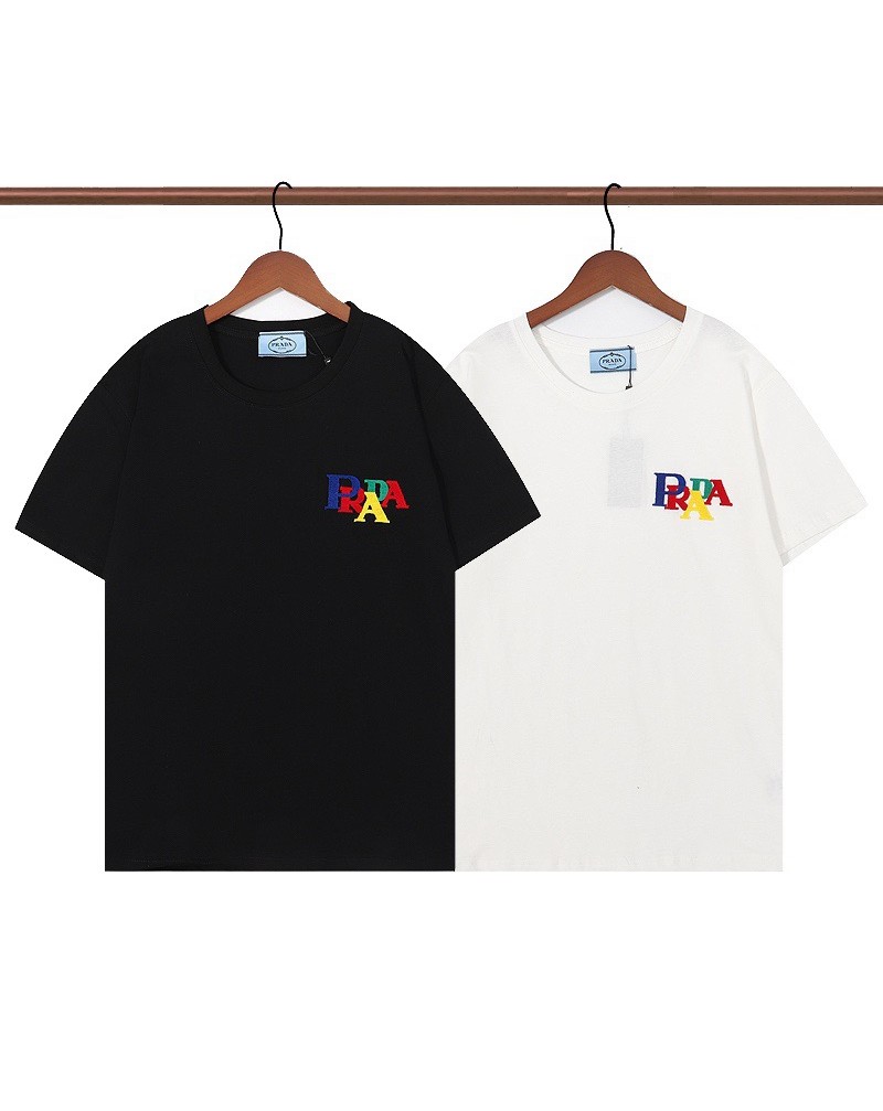 プラダ 半袖tシャツコットン製お洒落精緻刺繍ロゴファッションティシャツトップスカジュアル人気ペアお揃い