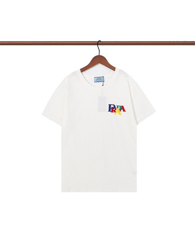 プラダ 半袖tシャツコットン製お洒落精緻刺繍ロゴファッションティシャツトップスカジュアル人気ペアお揃い