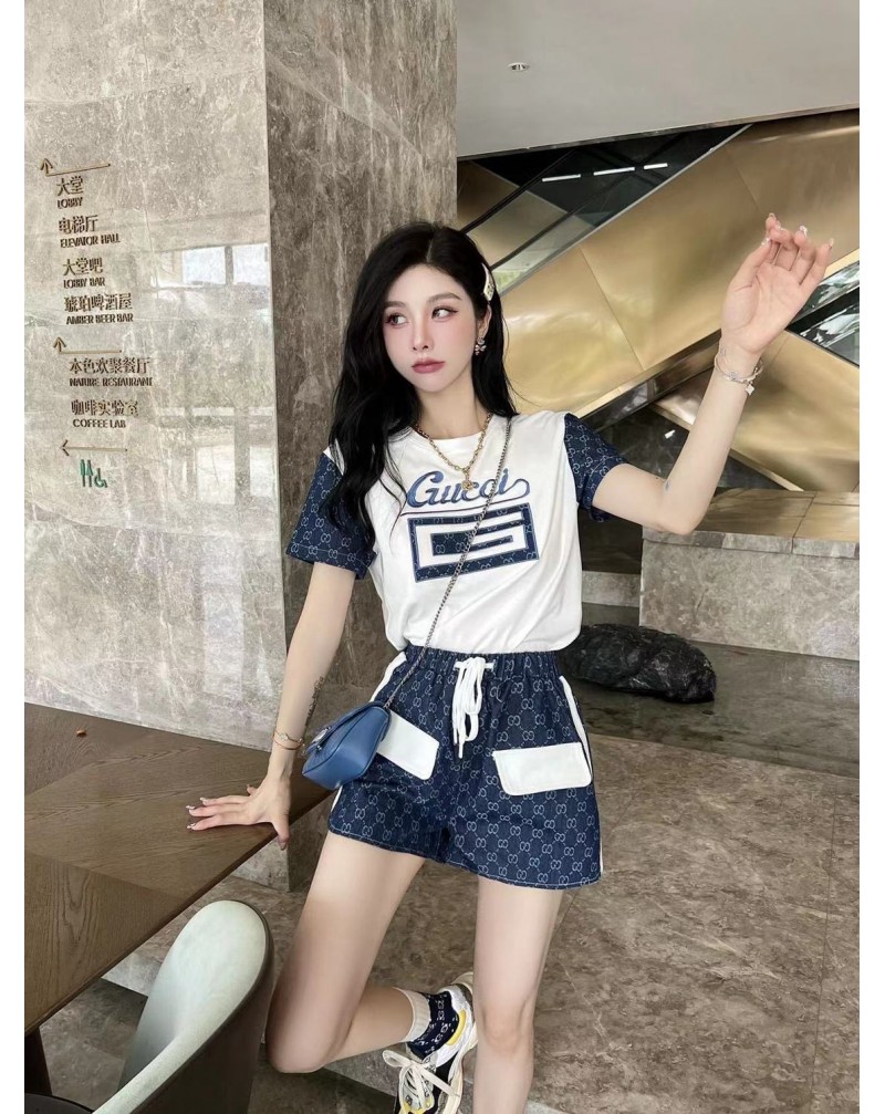 グッチ 半袖半ズボン2点お洒落ファッションパッチワークtシャツセットハーフパンツウエストサイズ調整可能