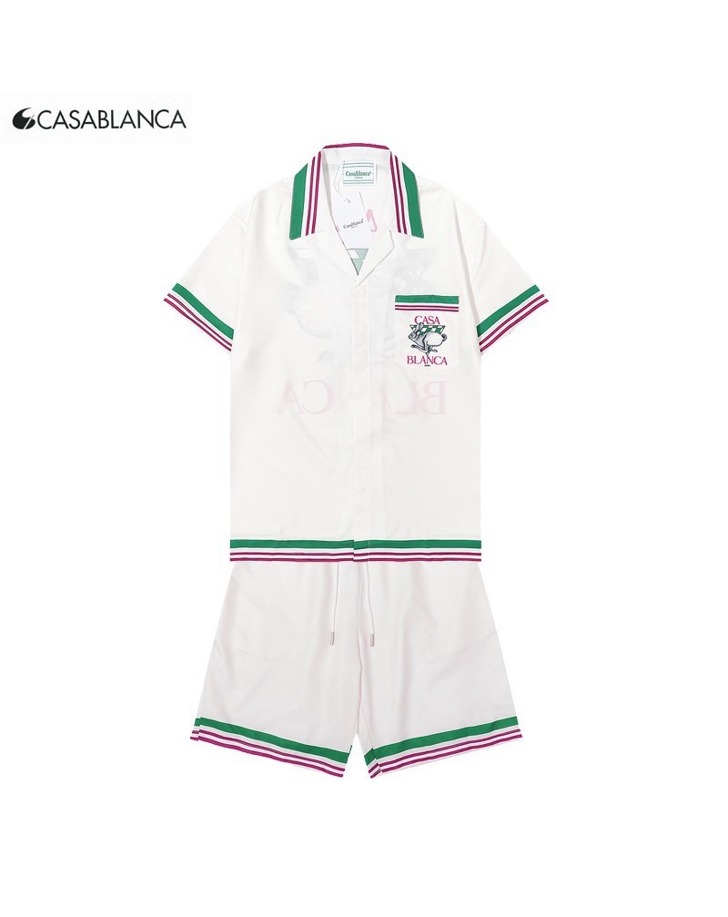 カサブランカ半袖tシャツお洒落花プリント海風スタイルカジュアルカサブラン短袖カハーフパンツ上下セット潮流人気新作