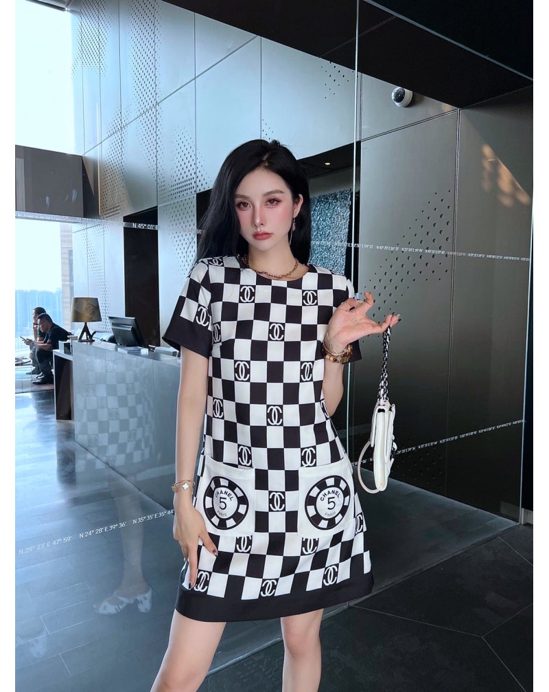 シャネル ワンピースお洒落小香風チェッカーボードファッション人気半袖ワンピース女性向け