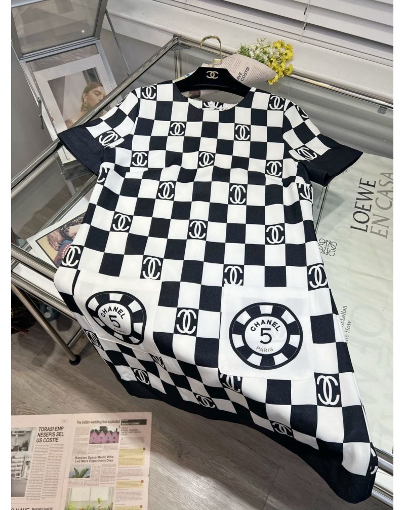 シャネル ワンピースお洒落小香風チェッカーボードファッション人気半袖ワンピース女性向け シャネル ワンピースお洒落小香風チェッカーボードファッション人気半袖ワンピース女性向け