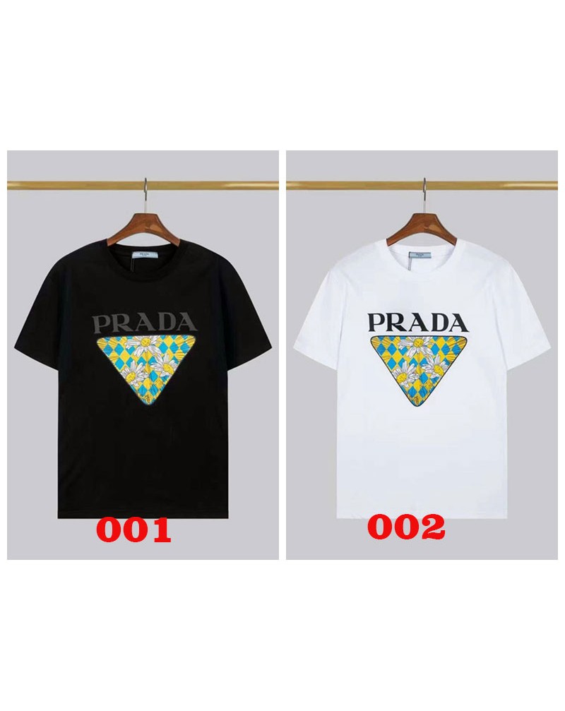プラダ半袖tシャツお洒落プリント付き経典ティシャツコットン製男女むけ人気