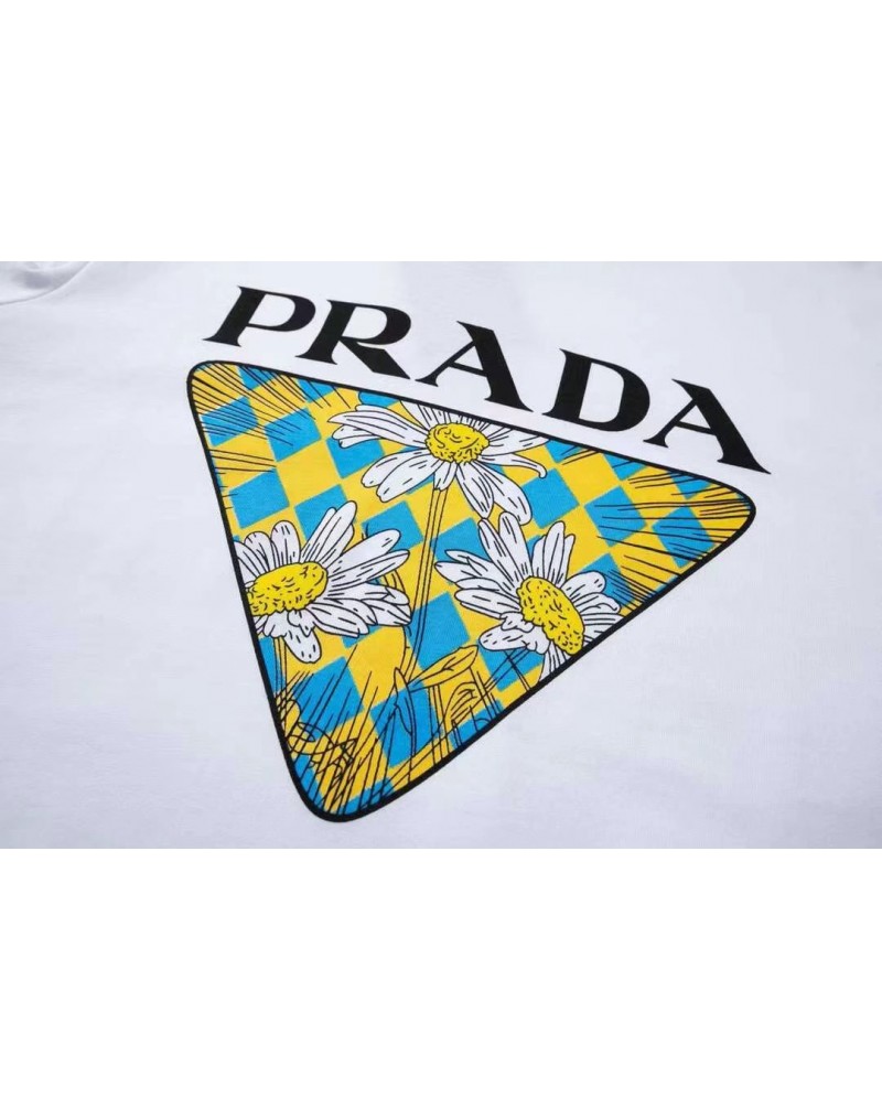 プラダ半袖tシャツお洒落プリント付き経典ティシャツコットン製男女むけ人気