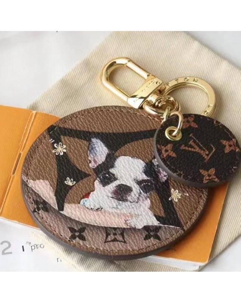 ルイヴィトン キーリングキーホルダー円型可愛い犬プリント付きキーリングバッグ飾り物