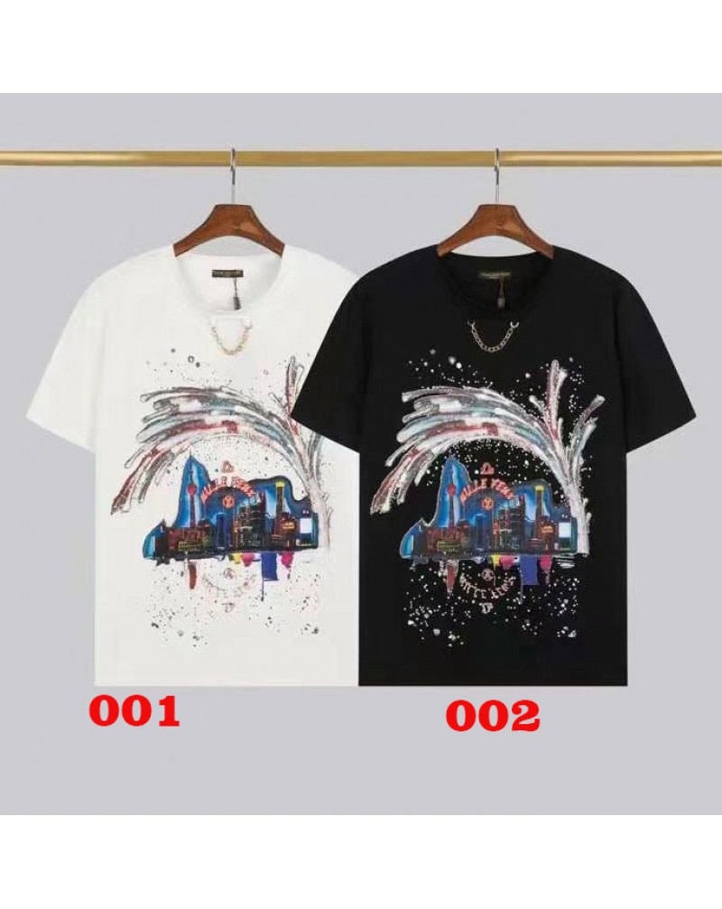 ヴィトン 半袖tシャツお洒落個性星空プリント付きコットン製トップスペアお揃い人気