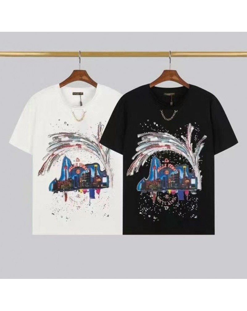 ヴィトン 半袖tシャツお洒落個性星空プリント付きコットン製トップスペアお揃い人気