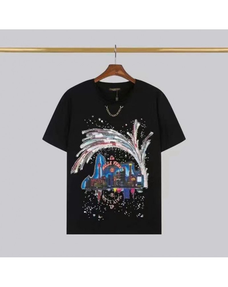 ヴィトン 半袖tシャツお洒落個性星空プリント付きコットン製トップスペアお揃い人気