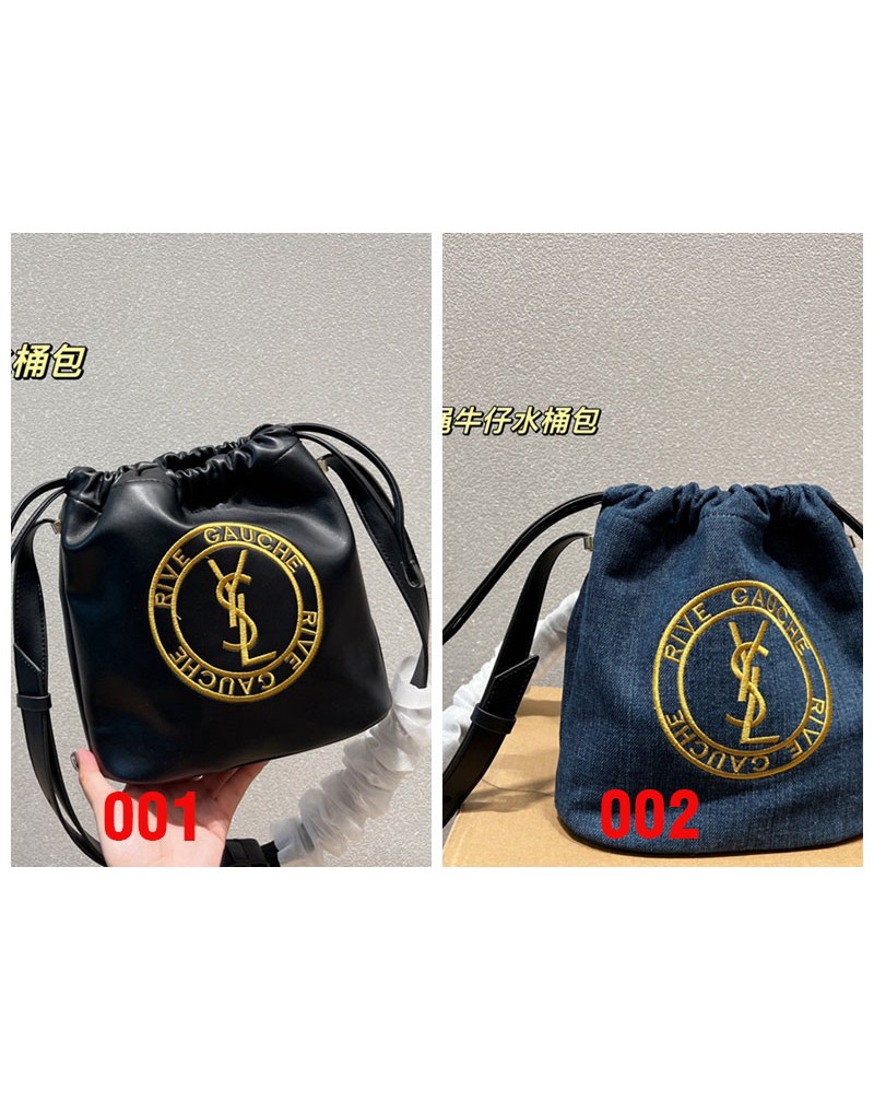 サンローラン ひも抜きバケツバッグお洒落可愛い精緻刺繍斜め掛けバック人気新作puレザーとデニム製選択可能