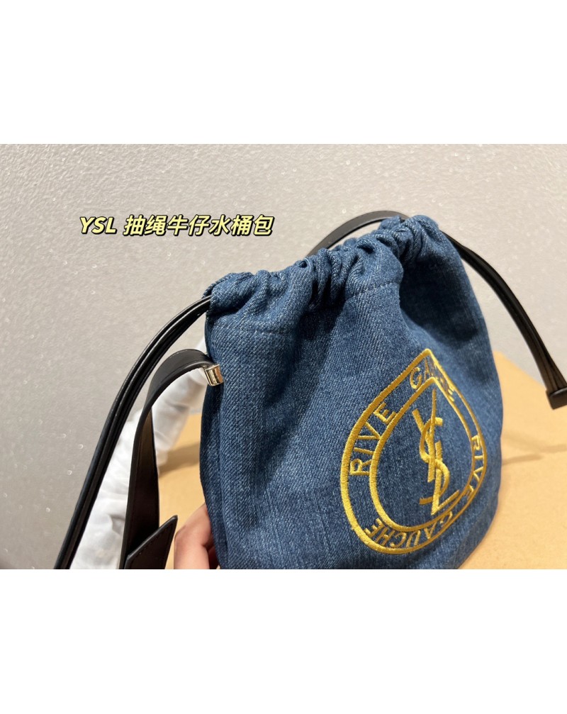 サンローラン ひも抜きバケツバッグお洒落可愛い精緻刺繍斜め掛けバック人気新作puレザーとデニム製選択可能