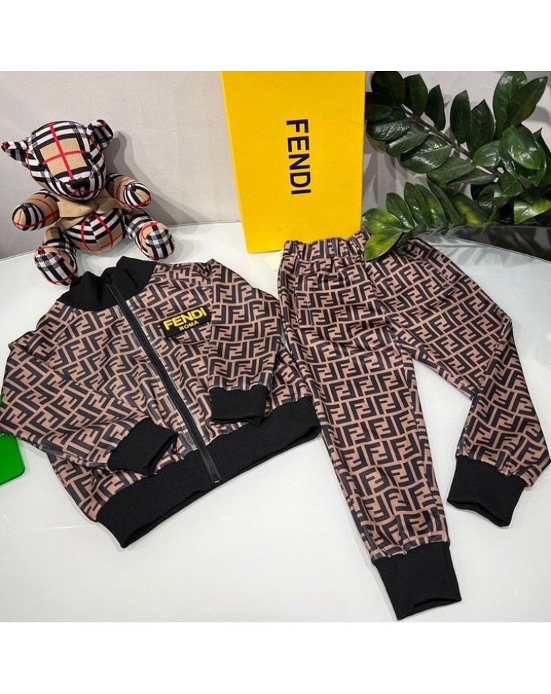 フェンデイ コートパンツアップセット子供向けお洒落経典裏起毛キッズスウェットパンツ上下セット