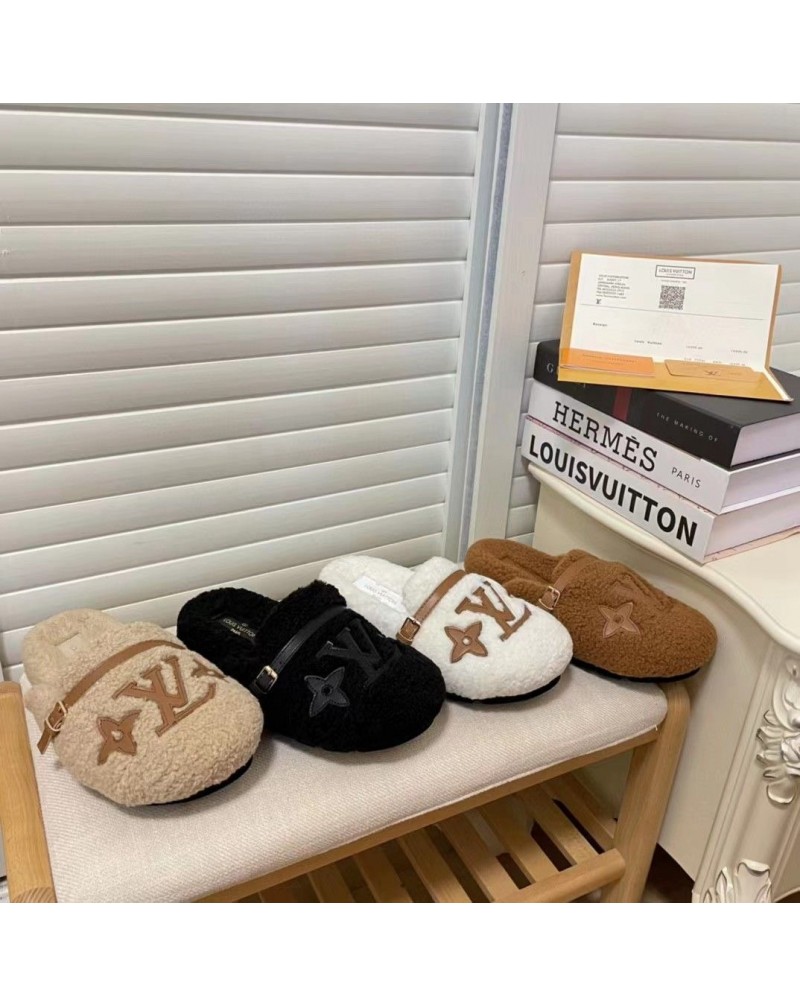 ヴィトン ファースリッパお洒落高級子羊の毛スリッパ暖かいソフト部屋外出適用