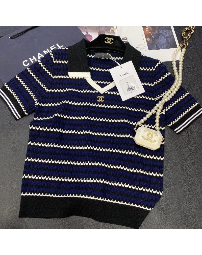 シャネル ｔシャツ半袖襟付き小香風ストライプティシャツニットトップスカジュアル人気