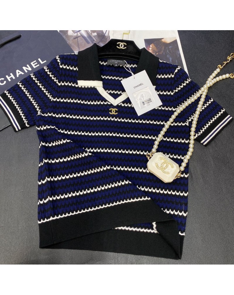 シャネル tシャツ半袖襟付き小香風ストライプティシャツニットトップスカジュアル人気 シャネル tシャツ半袖襟付き小香風ストライプティシャツニットトップスカジュアル人気