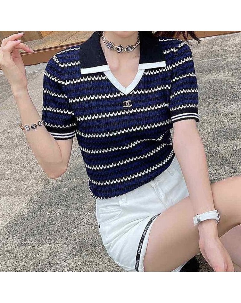 シャネル tシャツ半袖襟付き小香風ストライプティシャツニットトップスカジュアル人気 シャネル tシャツ半袖襟付き小香風ストライプティシャツニットトップスカジュアル人気
