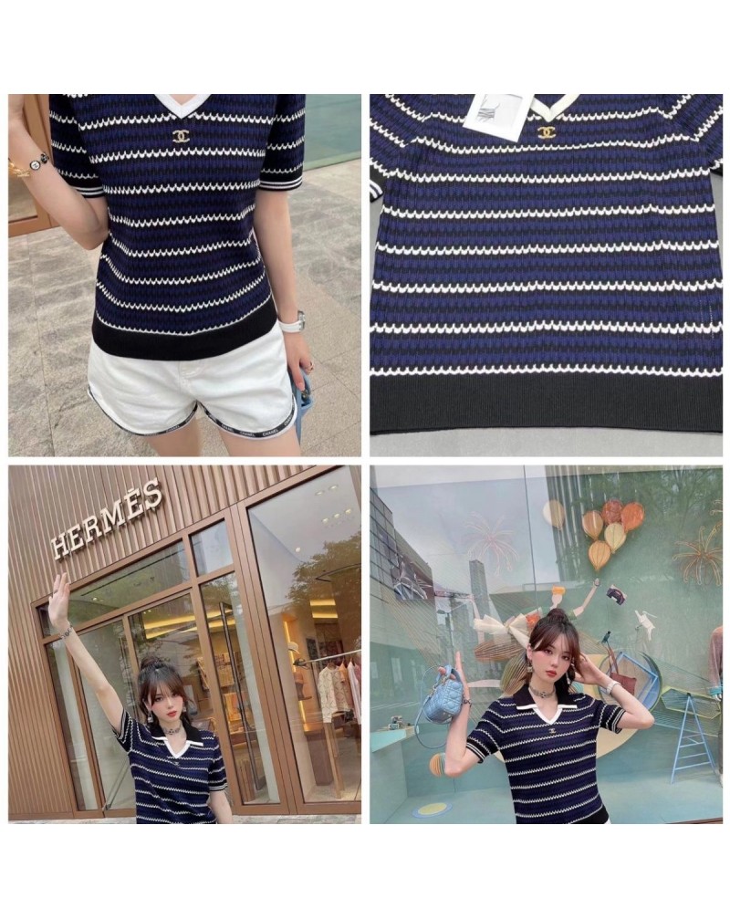 シャネル tシャツ半袖襟付き小香風ストライプティシャツニットトップスカジュアル人気 シャネル tシャツ半袖襟付き小香風ストライプティシャツニットトップスカジュアル人気