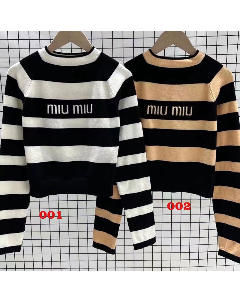 miu miuセーターお洒落ストライプ混色ニット長袖トップスファッション潮流