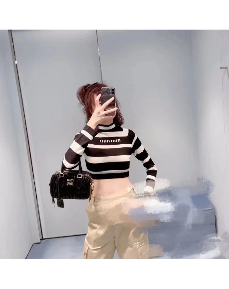 miu miuセーターお洒落ストライプ混色ニット長袖トップスファッション潮流