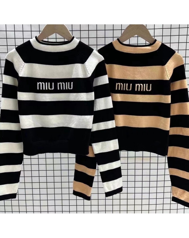 miu miuセーターお洒落ストライプ混色ニット長袖トップスファッション潮流